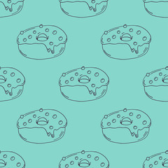 Hand Drawn Donut Outline Pattern on Green Background