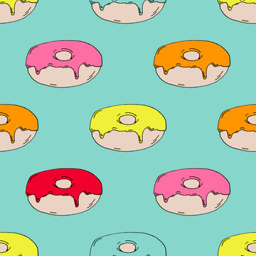 Hand Drawn Colorful Donut Pattern on Green Background