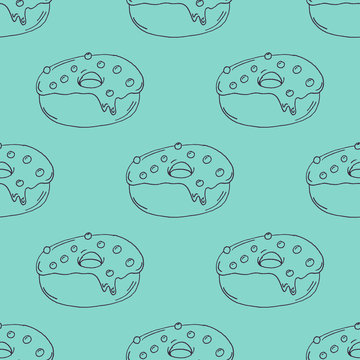 Hand Drawn Donut Outline Pattern on Green Background