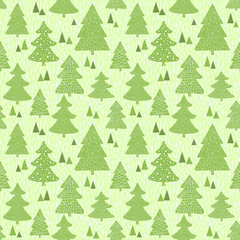 Seamless green pattern with hand drawn christmas trees