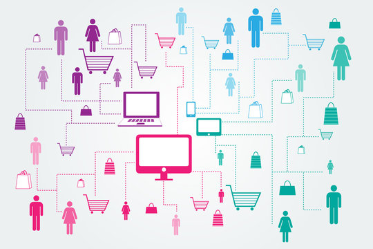 Online Shopping. abstract people and shopping carts linked to colorful devices