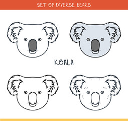 Koala bear. Set isolated face, heads bear in color, lines