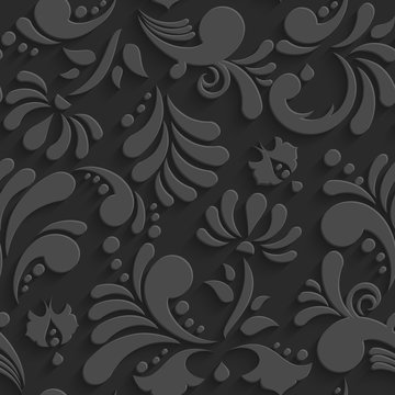 Vector Black 3d Floral Seamless Pattern