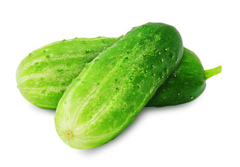 Two fresh green ripe cucumbers isolated on white background. Design element for product label, catalog print, web use.