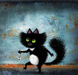 Black Cat Slinking With Fish Skeleton - obrazy, fototapety, plakaty