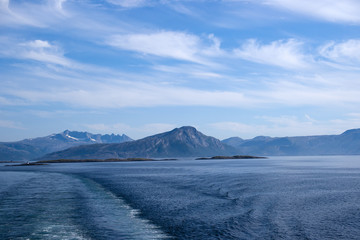 Misty mountain coast near Bodo viewed from ferry to Lofoten, Nor