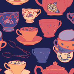 Vector seamless pattern with teapots, teacups, spoon. Retro tea background in vivid colors
