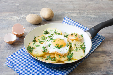 Potatoes and fried egg with parsley