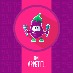 Flat vector card with chef cartoon eggplant and kitchenware