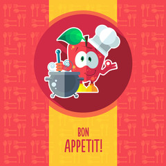 Flat vector card with chef cartoon apple and kitchenware
