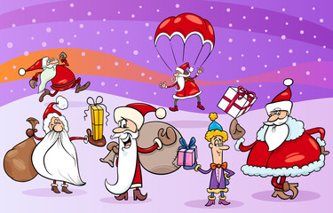 cartoon group of santa clauses
