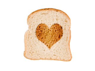 Heart toasted on a slice of bread, isolated on white background