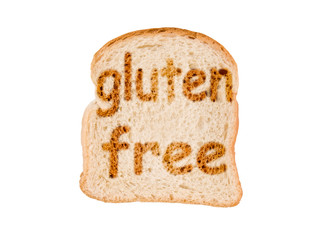 Text gluten free toasted on a slice of bread, isolated on white background