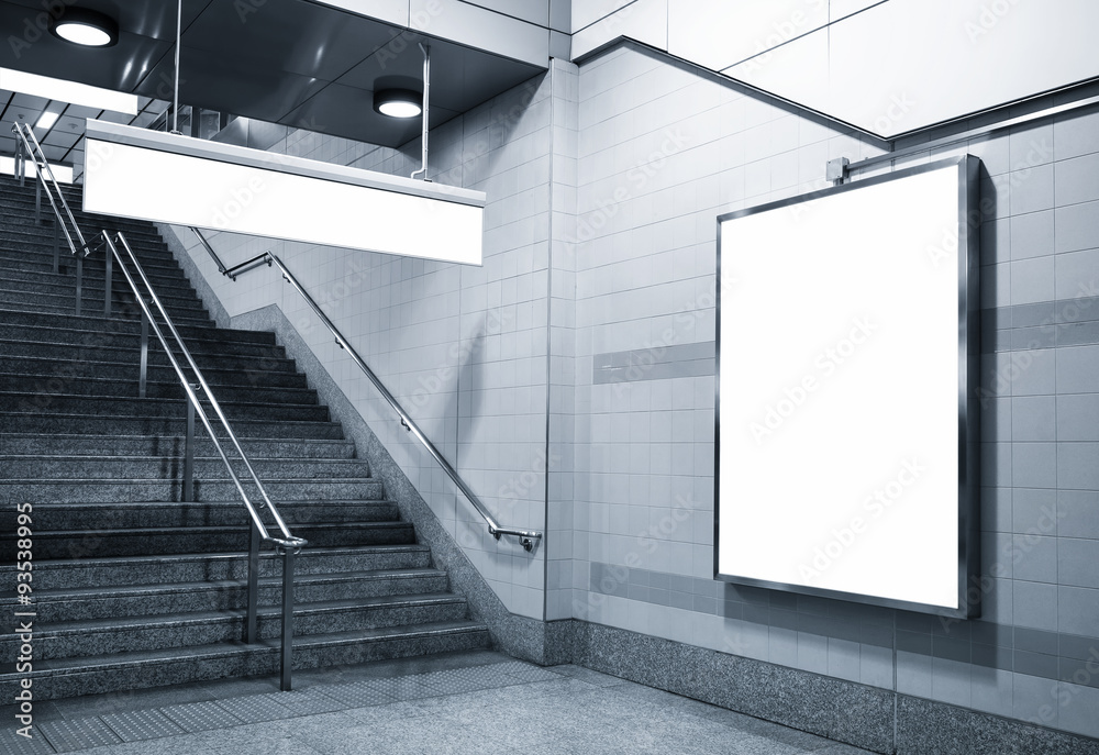 Poster billboard and direction signage mock up in subway with stairs