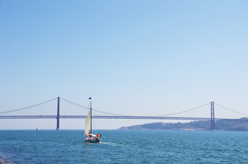 boat cruising on the river Tejo near Lisbon Portugal