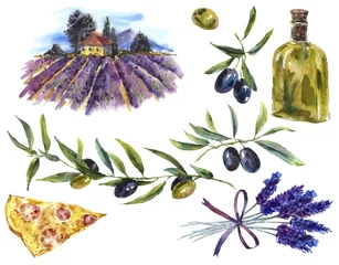 Fotobehang Set of watercolor branches olive oil, lavender, landscape © depiano
