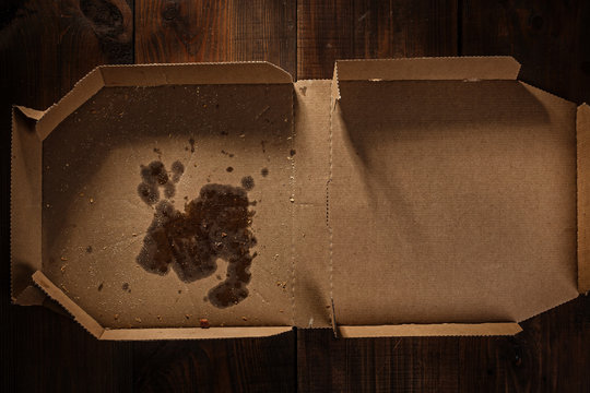 remnants of pizza in delivery box with pizza time text