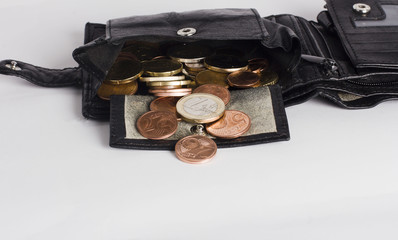 Coins in a wallet on a white background