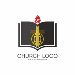 Church logo. Missions, Bible, cross, globe, flame, dove, icon