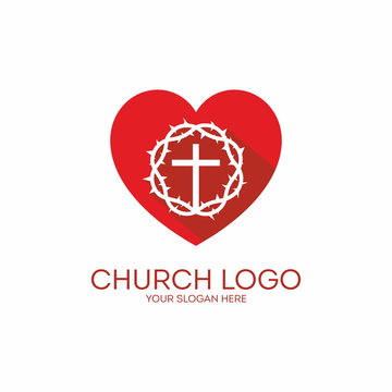 Church logo. Heart, crown of thorns, red, white, cross, icon, love