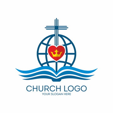 Church logo. Missions, crown, heart, Bible, pages, globe, icon, cross