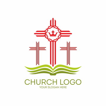 Church logo. Three crosses on a Bible