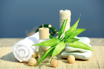 Beautiful composition of spa treatment on sea background