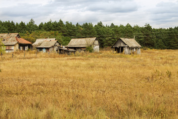 little old dilapidated building in a field on a background of pi