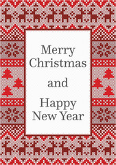 Christmas card design with detailed pattern made from red, white and grey stitches and copy space for a text