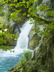 river waterfall into a forest, landscape, at Urederra Spain, © aljndr