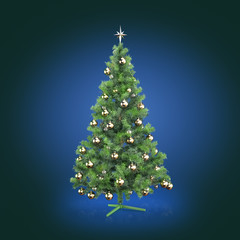 Decorated Christmas tree on blue background