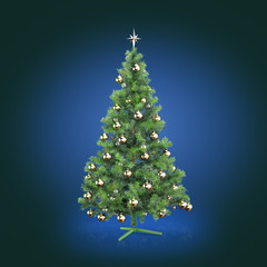 Decorated Christmas tree on blue background
