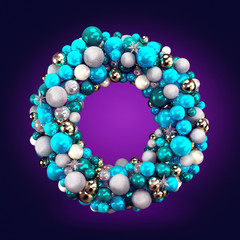 Silver christmas wreath with decorations isolated on blue background