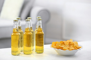 Table at home with chips and drinks for friends