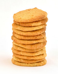 Neat stack of homemade peanut butter cookies. On a white background.