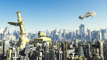 Science fiction illustration of a collapsing tower in a science fiction city being attacked from above, 3d digitally rendered illustration © Algol