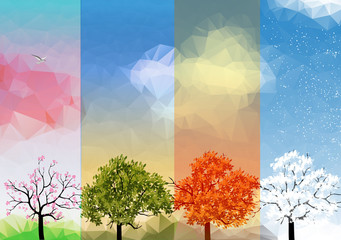 Four Seasons Banners with Abstract Trees - Vector Illustration - 93552593