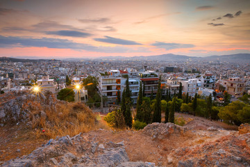 View of Athens from Strefi Hill on a summer evening.