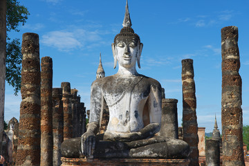 Exterior of the Buddha statue at Wat Mahathat in Sukhothai Historical park, Sukhothai, Thailand.