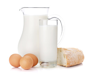 Milk jug, glass, eggs and bread