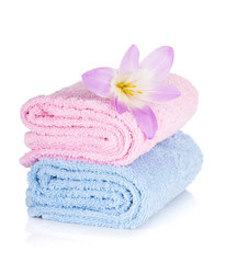 Obraz na płótnie Canvas Pink and blue towels and flower