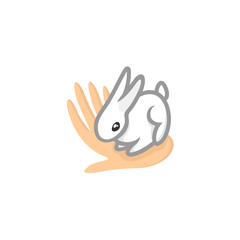 Obraz premium Contact zoo logo. Animal care symbol. Cute tiny rabbit sitting o