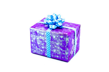purple gift box with blue ribbon bow