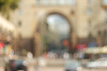 Fototapeta premium Blurred background photo. Cityscape bokeh. Blurry european street