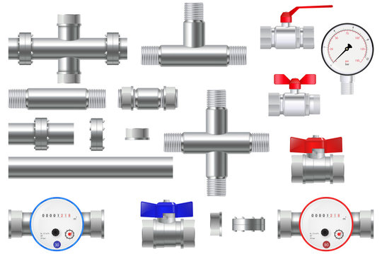 Manometer and Chrome pipes with flange. Water Meter with Water valve. 