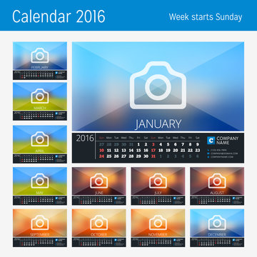 Desk Calendar for 2016 Year. 12 Months. Place for Photo, Logo and Contact Information. Week Starts Sunday. Vector Stationery Design. Print Template.