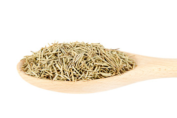 Dried rosemary in wooden spoon  on white background.