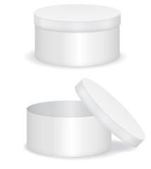 White round box. Closed and Open gift box. 
