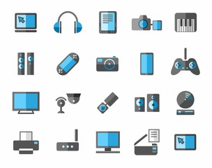 Icons photo and video equipment, non-ferrous, grey, blue. 