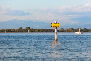 Boat sign in the lagoon of Grado. Friuli Venezia Giulia, Italy